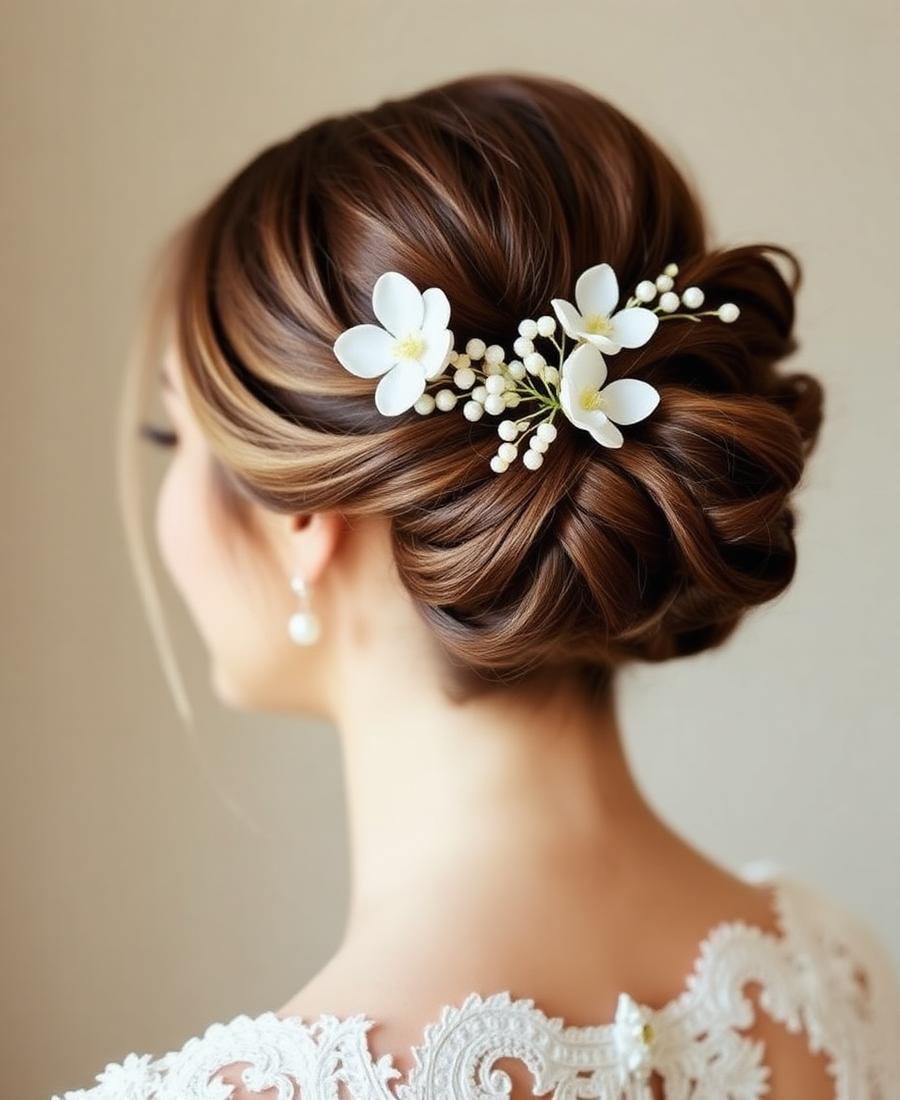 Bridal updo with delicate florals and pearls