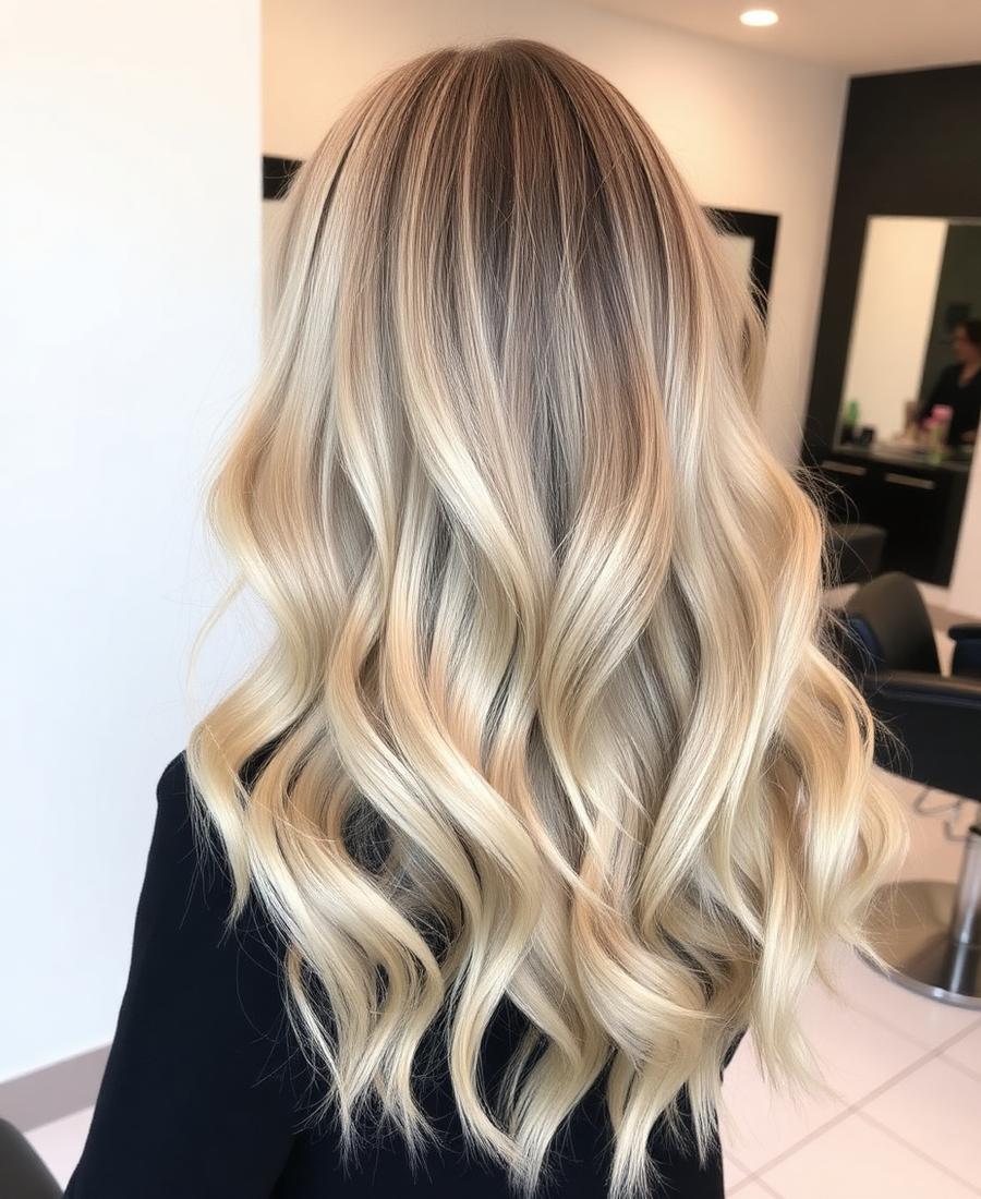Blonde highlights on long wavy hair