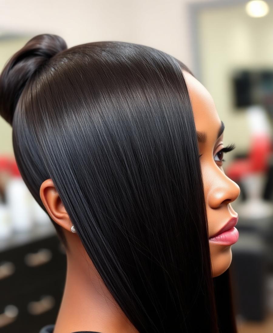 Silk press on natural hair, sleek and shiny